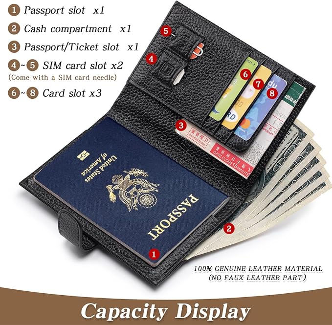 Passport Holder for Travel Women RFID Blocking Genuine Leather Passport Wallet with Card Slots, Zipper Coins Pocket, Cash Holder, Black