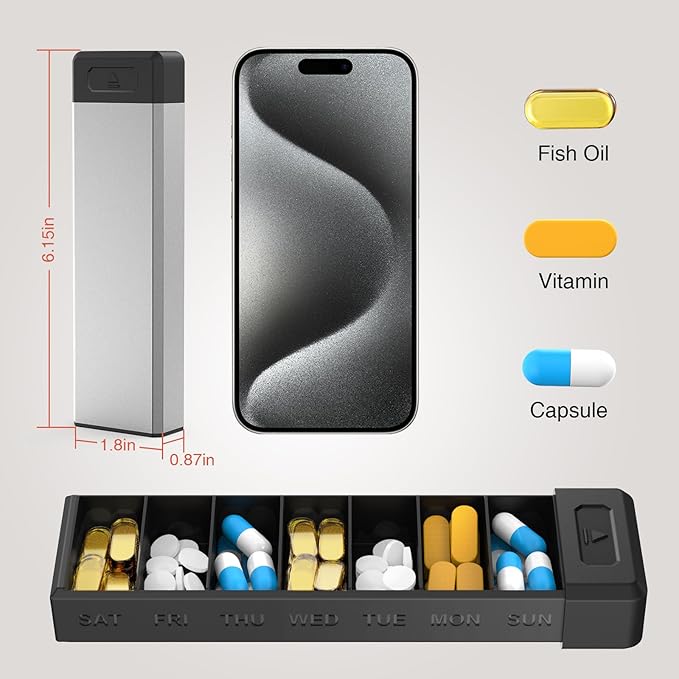 HEIYING Pill Organizer with Aluminum Shell for One Week Capacity, Portable 7 Compartments Pill Box Container to Hold Vitamin, Medicine, Supplements