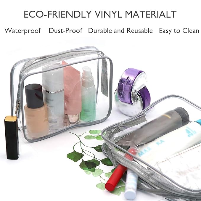 APREUTY Clear Makeup Bags, TSA Approved 6Pcs Cosmetic Makeup Bags Set Clear PVC with Zipper Handle Portable Travel Luggage Pouch Airport Airline Bags Bathroom (Gray)