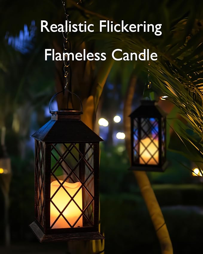 Homemory Solar Lanterns Outdoor Waterproof Hanging with Flickering Flameless Candles, 2 Pack 13'' Garden Outdoor Lantern Decorative for Patio Front Porch Backyard Balcony Cabin Outside(Antique Copper)