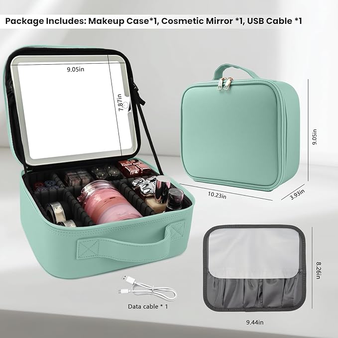 Travel Makeup Bag with LED Mirror and Light Makeup Travel Bag Organizer Portable Cosmetic Brush Organizer Bag with Adjustable Dividers for Cosmetics Makeup Brushes Toiletry (Light Green)