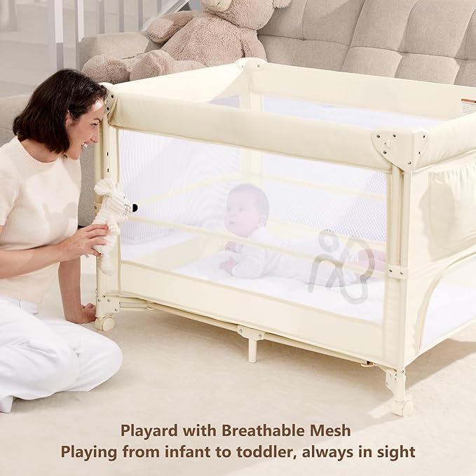 ANGELBLISS Baby Bassinet Bedside Crib, Pack and Play with Mattress, Diaper Changer, One-Push Setup Playards from Infants to Toddlers (Beige)