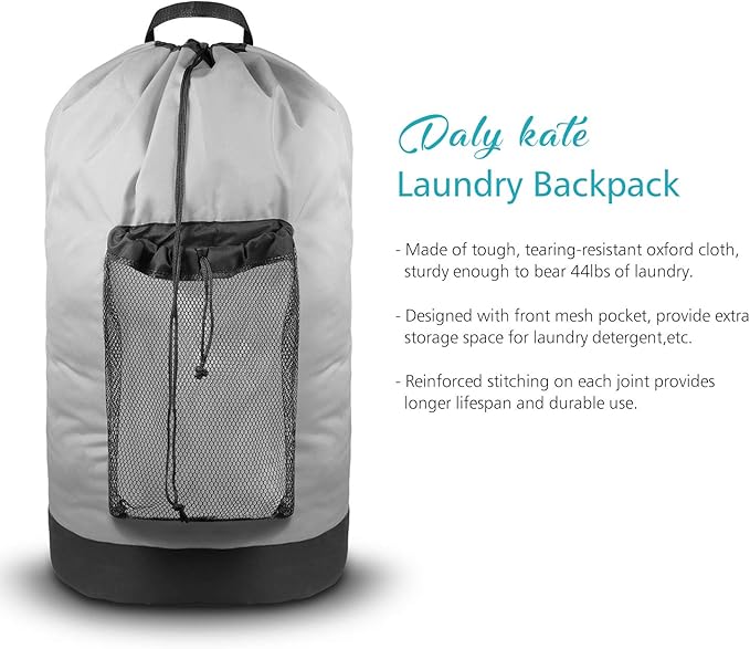 Dalykate Backpack Laundry Bag, Laundry Backpack with Shoulder Straps and Mesh Pocket Durable Nylon Clothes Hamper Bag with Drawstring Closure for College, Travel, Laundromat, Apartment