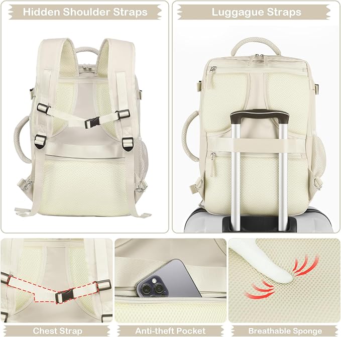 Hanples Large Travel Backpack for Women, 35L Carry on Luggage Backpack, College Laptop Backpack Airline Approved Business Work Bag Fits 17 Inch Computer for Men with 2 Toiletry Bags (Beige)