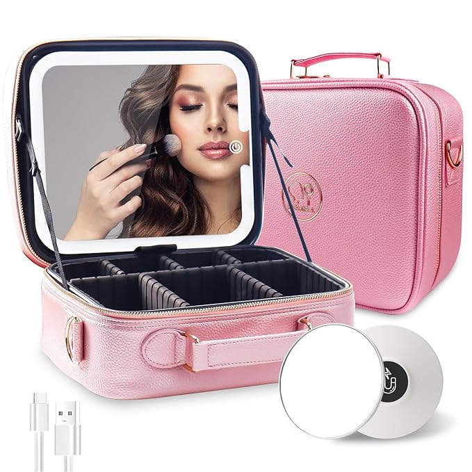 MOMIRA Travel Makeup Bag Cosmetic Bag with Lighted Mirror, Adjustable Brightness in 3 Color Scenarios/Detachable makeup mirror, All-round Upgrade, Waterproof, Gift for Women -Phosphor