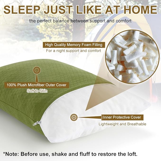 Ivellow Memory Foam Travel Pillow Compressible Camping Pillow for Sleeping Shredded Memory Foam Pillow Compact Firm Supportive Small Pillow for Adults Kids Outdoor Backpacking Hiking Essential Gear-S