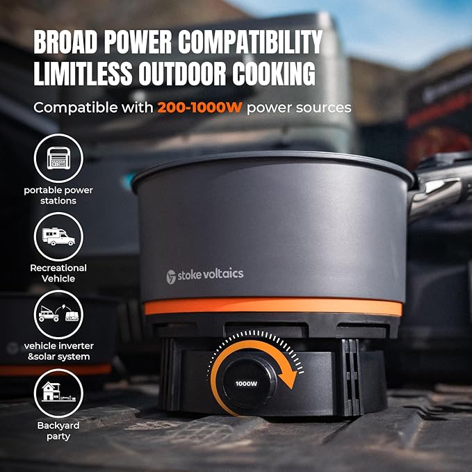 Nomad Cooking System, Electric Camping Stove 200-1000W with Pan & Pot, 120V Portable Outdoor Cooking Gear Set, Windproof Cookware for RV, EV, Overland, Vanlife, Car Camping