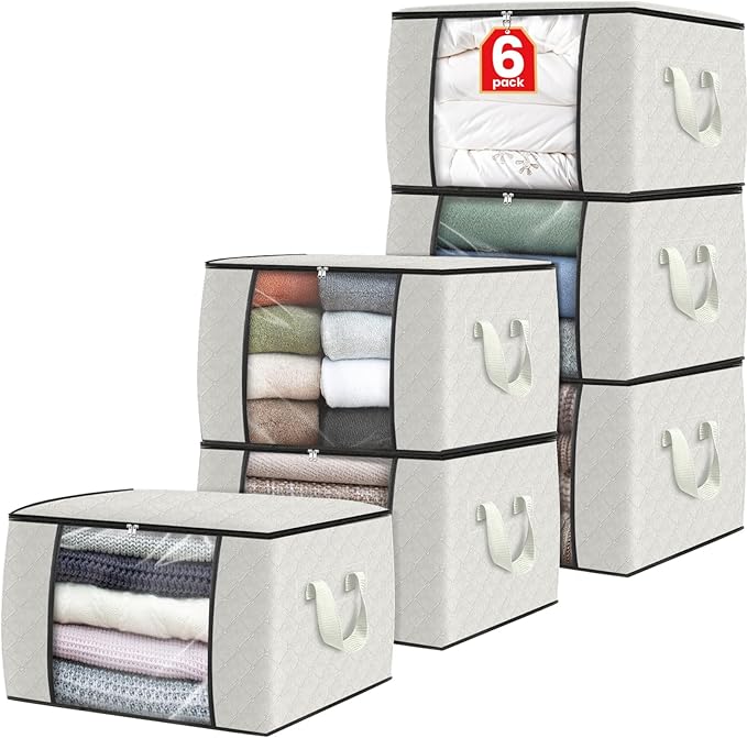 Fab totes 6 Pack Clothes Storage, Foldable Thick Fabric Blanket Storage Bags, Containers for Organizing Bedroom, Closet, Clothing, Comforter, Organization with Handle,Ivory White