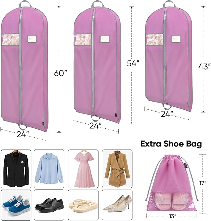 BALEINE 1PK Heavy Duty Garment Bag with Shoe Storage Travel Bag for Dresses, Suit, Coats Travel Essential (43", Pink)