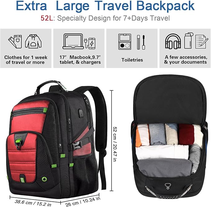 Z-MGKISS 52L Extra Large Laptop Backpack, Travel Computer Bag with USB Port, TSA-Approved Business Rucksack for Men Women, Heavy Duty Backpack Fits 17.3 Inch Laptop & Notebook, Red