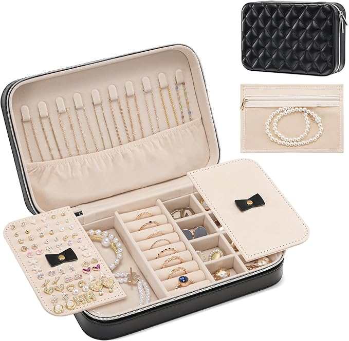Lolalet Travel Jewelry Case for Women, Travel Jewelry Organizer Box with Mirror & Clear Storage Bag, Small Portable Traveling Earring Necklace Bracelet Ring Case, Bridesmaid Gifts -Medium, Black