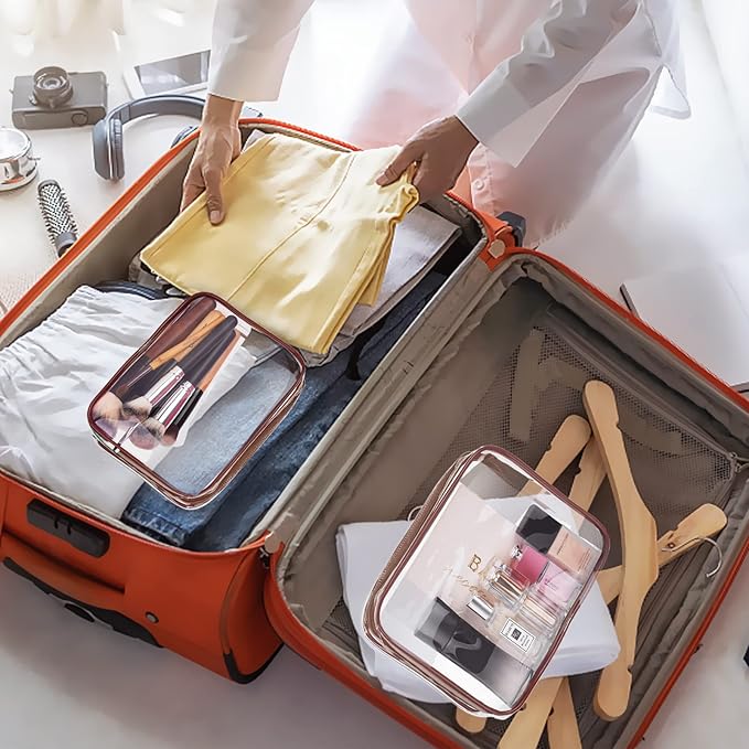 3Pcs Crystal Clear PVC Travel Toiletry Bag Kit for Women Men, Waterproof Vinyl Packing Organizer Storage Bags with Zipper Handle Straps, Cosmetic Pouch Carry on Airport Airline Compliant Bag Handbag