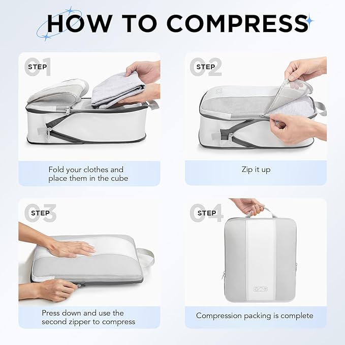 8 Set Compression Packing Cubes for Travel Essentials,Compressible Expandable Packing Cubes for Suitcase,OlarHike Luggage Organizer Bags for Travel,Handy Helper for Organizing Clothes(White)