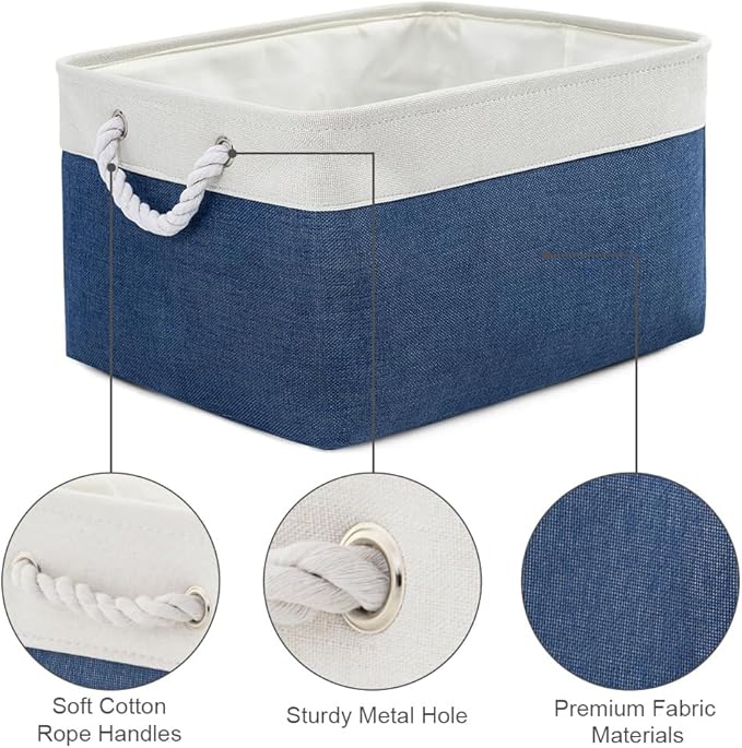 TheWarmHome Collapsible Storage Bin for Shelves - Large 3 Pack 16x12x8 inch Storage Basket for Organizing with Handles, Canves Storage Box for Organizer Toy Closet Cloth Gift (White & Jean Blue)