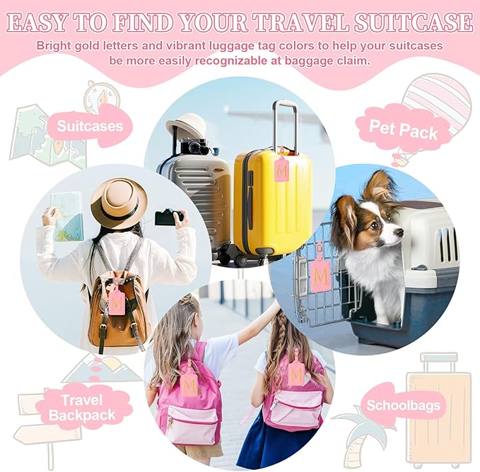 Personalized Initial Luggage Tags for Suitcase, Pink Leather Cute Luggage Tags with Privacy Cover Name Card, Embroidered Custom Monogrammed Luggage Tag Travel Bag Baggage Tags Gifts for Women Kids(M)