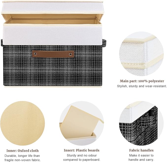 TYEERS Collapsible Storage Bins with Lids, Patchwork Design, Washable, Fabric Storage Boxes, 14.9x9.8x9.8 inches, 5 Pack, Black