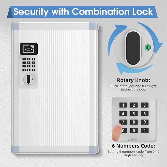 24 Slots Key Box Wall Mount with Code, Key Lock Box with Combination, Key Storage Box with Key Hooks & Tags & Lables, 8.45" x 2.55" x 13" (Silver-Code Lock, 24 Keys)