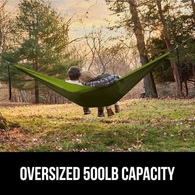 GORILLA GRIP Durable Portable Camping Hammock, Holds 500lbs with Heavy Duty Tree Straps, Comfortable Travel Swing, Camp Hammocks, Easy to Use and Install, Outdoor Essentials, Green, 10x6.5 FT