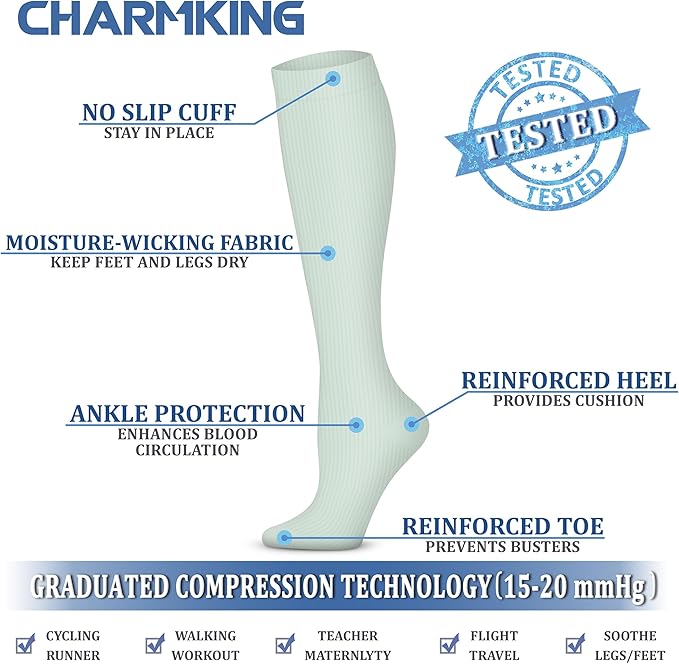 CHARMKING Compression Socks for Women & Men Circulation (3 Pairs) 15-20 mmHg is Best Support for Athletic Running Cycling