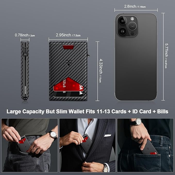 Wallet for Men Wallet with Slim Pop Up Card Holder for 12-14 Cards, RFID Blocking Bifold Minimalist Smart Wallet, Credit Card Holder with ID Window & Cash Slot, Compact Metal Card Case, Gifts for Men