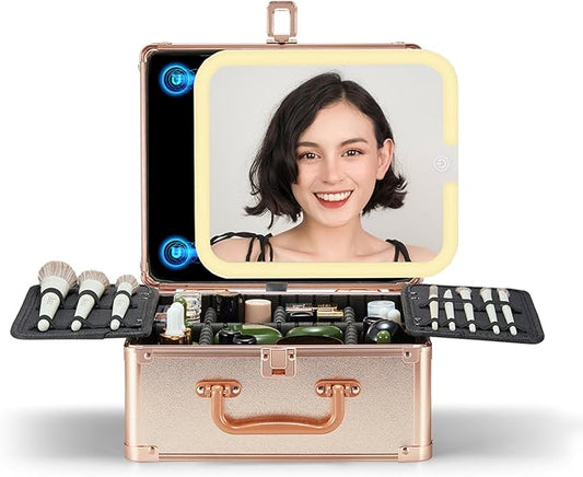 OMIRO Makeup Case, Makeup Bag with Light Up Mirror Set, Makeup Organizer Bag with Magnet Makeup Mirror for Women and Girls