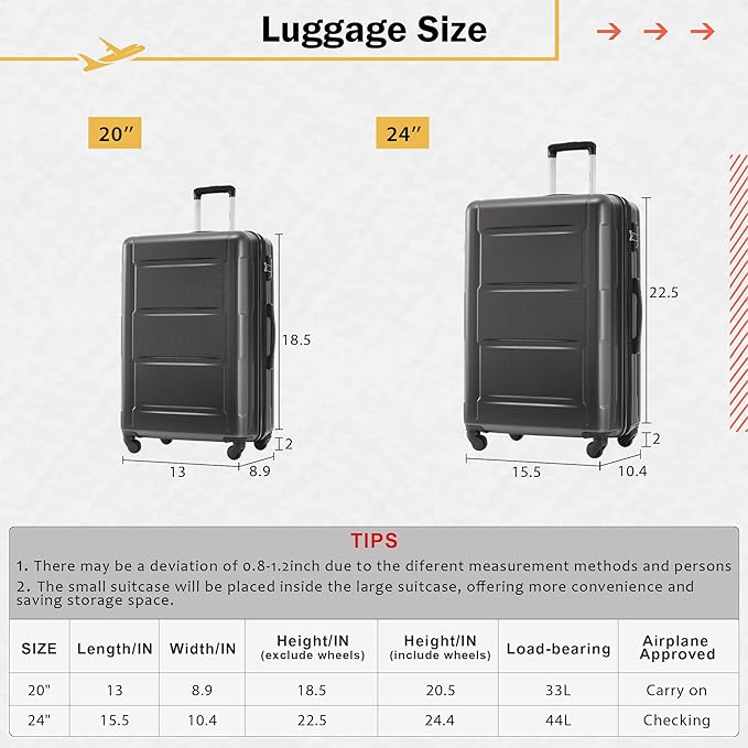 Merax Luggage Set 2 Piece Suitcase Sets with Spinner Wheel,Lightweight Hardside Expandable Travel Laggage with TSA Lock,Suitcase with Travel Bag(20"/24",Dark Gray)