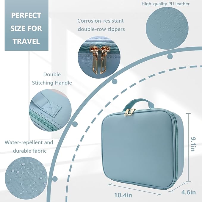 Travel Makeup Bag for Women and Makeup Artists Cosmetic Organizer Large Makeup Case,Travel Makeup Bag with Mirror 3 Color Setting,Portable Storage and Adjustable Dividers(baby blue)