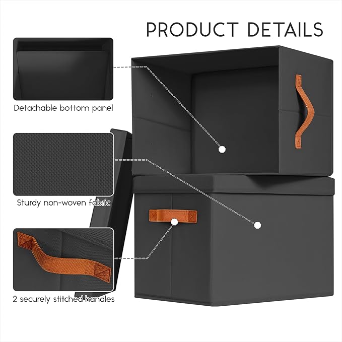 Storage Bins with Lids - Fabric Storage Baskets for Shelves, 4 Pack Foldable Decorative Boxes with Handles, Stackable Organizer Bins for Home, Nursery, Dorm, Black
