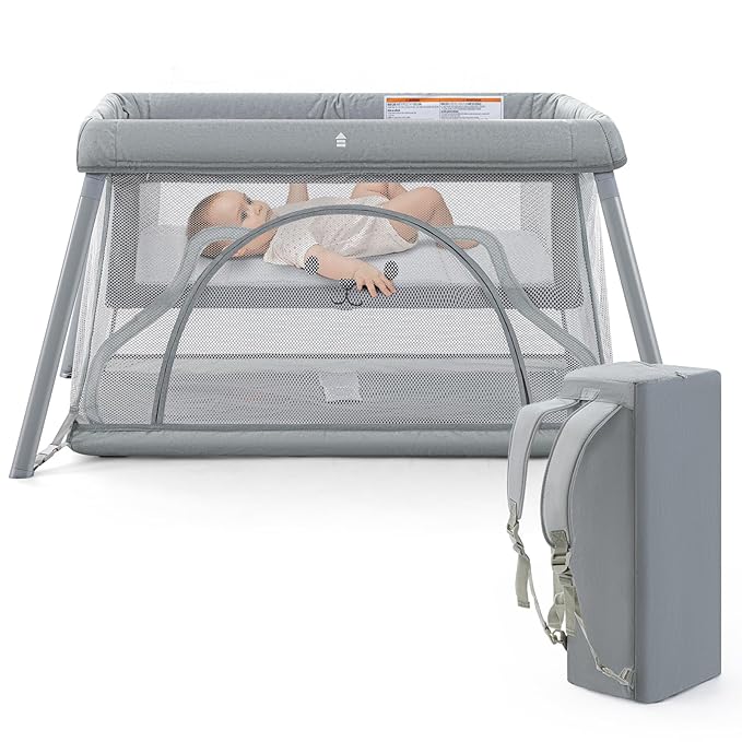 Travel Crib,Portable Crib for Baby, Pack and Play for Babies and Toddler, Lightweight Backpack Design,Foldable Travel Baby Playpen with Mattress(Light Grey)