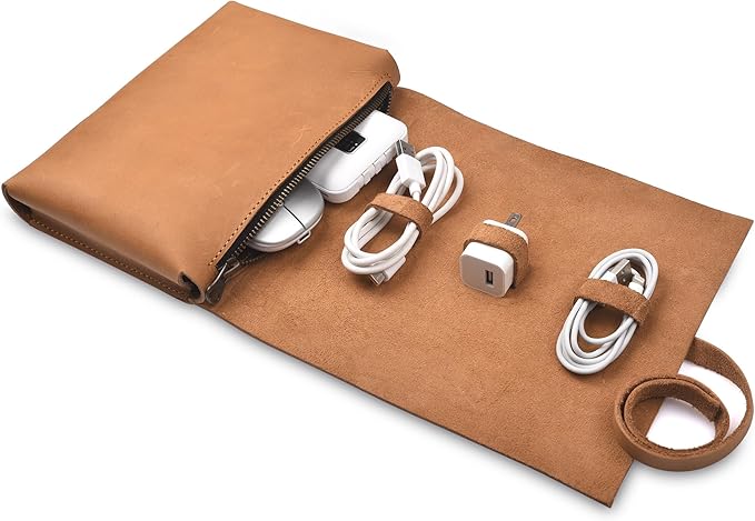 Leather Tech Pouch for Cables Chargers Phone | Tech Bag | Zipper Travel Accessory Pouch | Electronic Organizer Case Travel Bag (Tan)