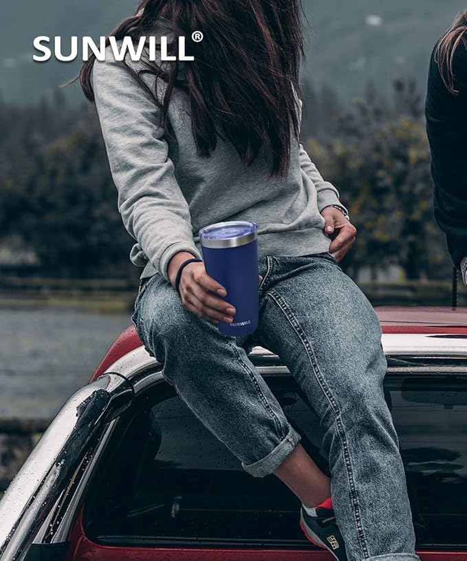 SUNWILL Travel Coffee Tumbler 20 oz, Insulated Mug with Lid, Stainless Steel Cup for Outdoor, Powder Coated Navy