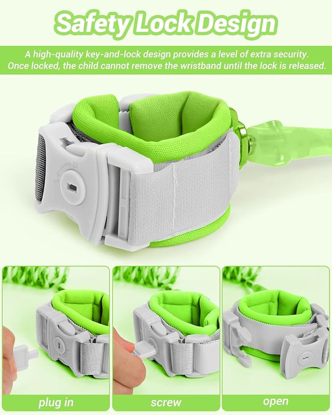 Dr.meter Anti Lost Wrist Link, 2 Pack Toddler Safety Leash with Key Lock, Reflective Child Walking Harness - Dual 8.2ft Length Blue & Green Kids Leash for Supermarket Mall Airport Amusement Park Zoo