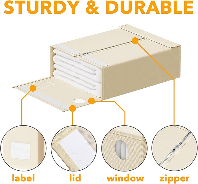 SpaceAid 8 Pack Bed Sheet Organizers and Storage, Foldable Sheet Organizer for Linen Closet, Sheets Set Folder Keeper with Window XL (Queen & King Size) Bedding Container (Beige, 8 Pack)