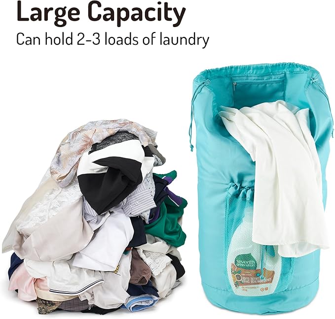 Backpack Laundry Bag with Straps and Detergent Holder, Clothes Laundry Backpack for College Travel Apartment Dorm Room (Green)