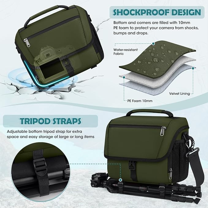 RAINSMORE Camera Bag, DSLR/SLR/Mirrorless Camera Case with Tripod Holder Waterproof Camera Sling Bag Crossbody Camera Bags for Photographers with Rain Cover for Canon/Nikon/Sony/Fuji, Green