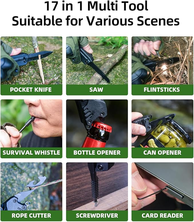 Multitool Knife 17 in 1Fire Starting Sticks, Bottle Opener, Saw Screwdrivers Bottle Opener, Whistle, Window Breaker and More -Perfect for Camping, Outdoor, Survival and Everyday Use,Gifts for Men Dad
