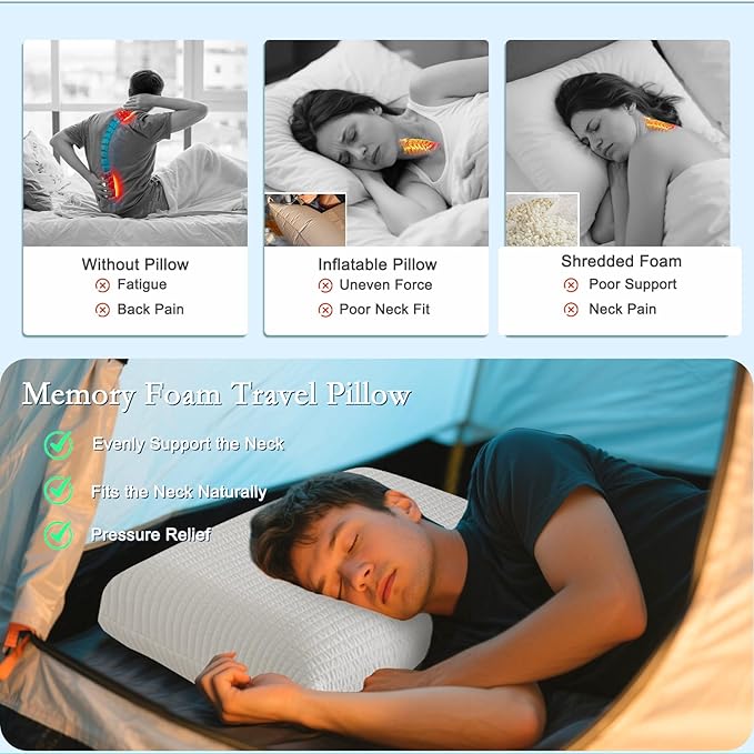 YOUR MOON Memory Foam Travel Pillow, Pure Cotton Cover, Compressible Camping Pillow for Sleeping, Portable Backpacking Support Pillows for Hiking, Car & Airplane (Off White)