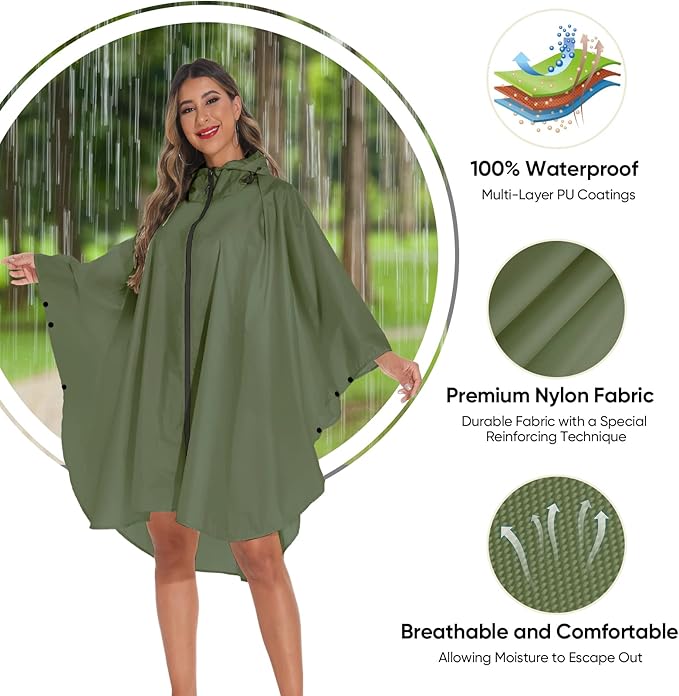 PTEROMY Hooded Rain Poncho for Adult with Pocket and Zipper, Waterproof Lightweight Raincoat for Men and Women