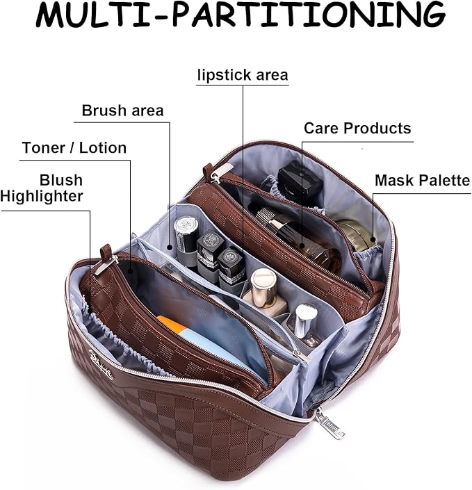 Travel Makeup Bag Organizer Cosmetic Bag: 3 Pcs Set Make up Bags for Women with Handle - Waterproof Vegan Leather Toiletry Bags with Comparments (C-09-Coffee)