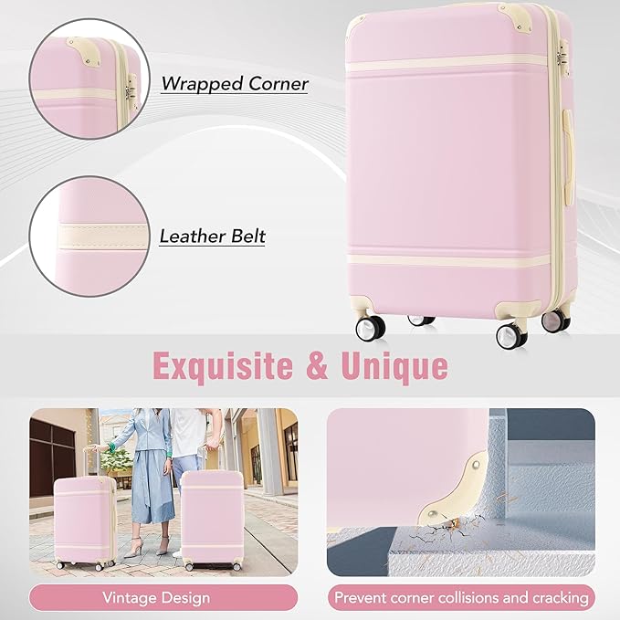 Merax Luggage Set 3 Piece Suitcase Set with Cosmetic Case Expandable Spinner Wheels Vintage Luggage Sets(Light Pink,20"+24"+28")