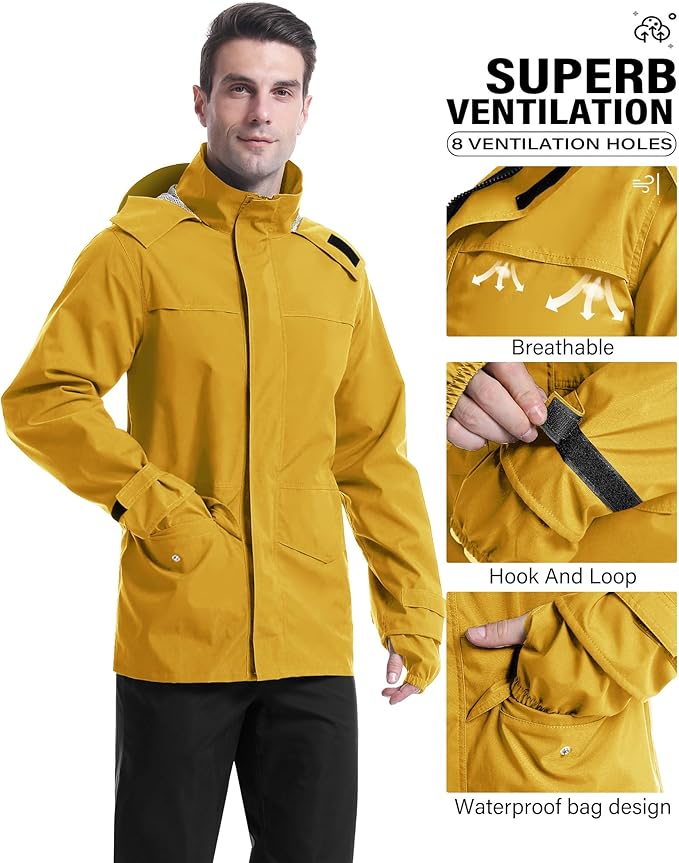iCreek Rain Suit Waterproof Jacket with Pants 2 Pieces Breathable Lightweight Packable Raincoat with Hooded Rain Gear Unisex