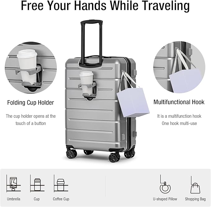 KYME Luggage Sets 2 Piece Hardshell 22"/26" Suitcase with Spinner Wheels Durable Suitcases Sets with TSA Lock Lightweight Travel Luggage Set for Women Men Silver Grey