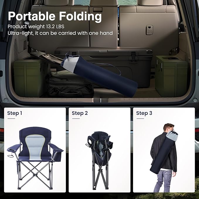 HIGH POINT SPORTS Oversized Camping Folding Chair, Heavy Duty Portable Outdoor Chair, Foldable Camp Chair with Cup Holder and Cooler Bag Support 450 LBS, Dark Blue…