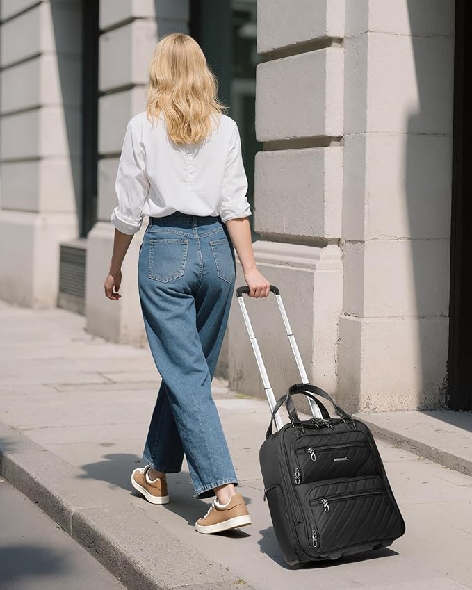 LUGGEX Underseat Carry On Luggage with Wheels, Stylish Lightweight Under Seat Luggage, Soft Sided Personal Item Suitcase for Short Trip (All Black, 16 Inch)