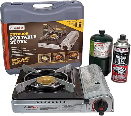 Grill Boss Dual Fuel Portable Stove, Dual Fuel Butane & Propane Stoves, 12K BTU Butane Camp Stove & Propane Portable Camping Stoves for Emergencies, Outdoor BBQ, Cooking, Hikings & Backpacking - 90057