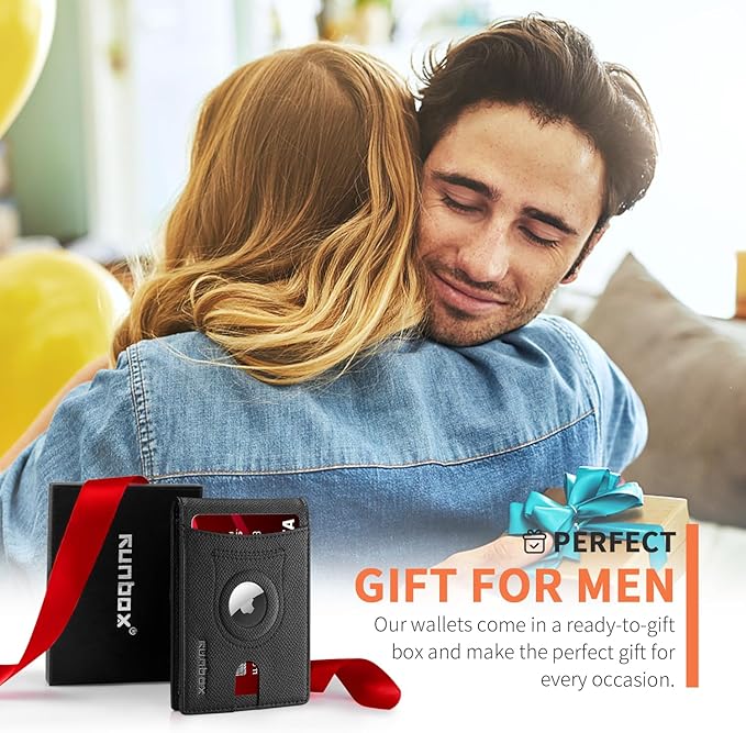 RUNBOX AirTag-Wallet-Mens-Slim-RFID Blocking Wallets Leather with Bill Compartment Air Tag Bifold Card Holder Wallet Gifts for Men Dad