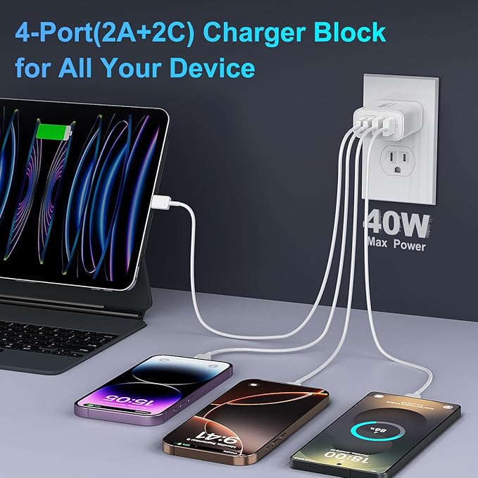 USB C Fast Charger Block, iPhone Charger Fast Charging Blocks 40W Multi Port Charger 4-Ports PD & QC Charging Cube Brick Power Adapter Type C Wall Chargers for iPhone 17/16/15/14/13/12 Pro Max, iPad