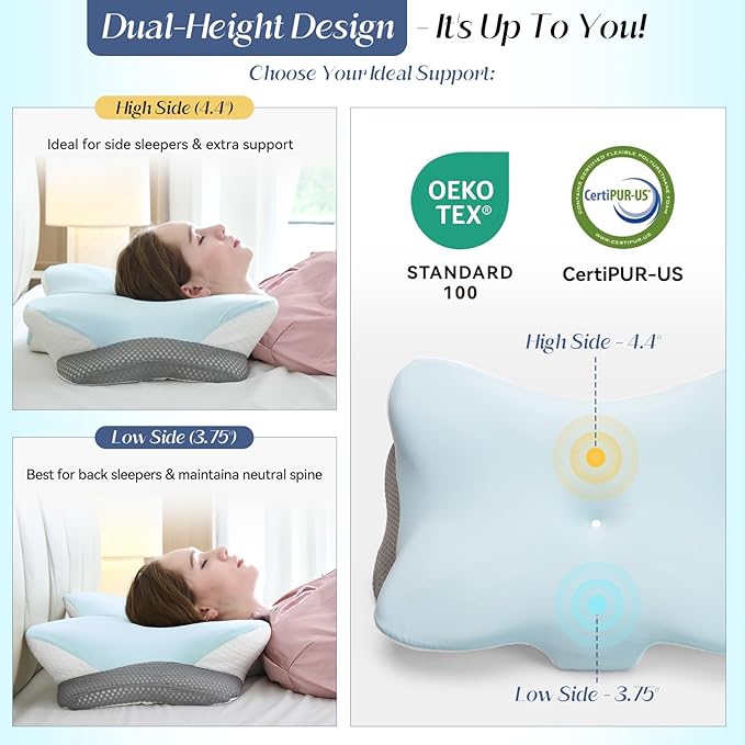 Cervical Pillow for Neck Support, Memory Foam Contour Pillow, Ergonomic Orthopedic Pillow, Adjustable Height Soft Bed Pillow with Breathable Pillowcase for Back, Side, Stomach Sleeper