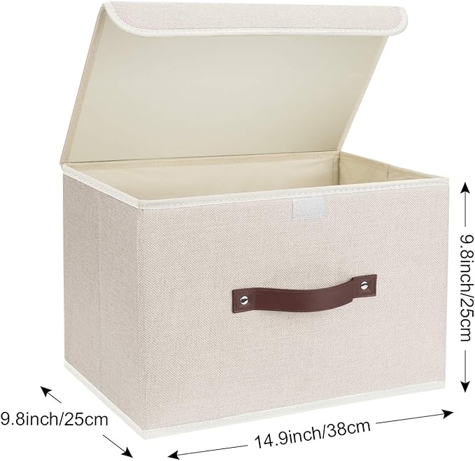 TYEERS Collapsible Storage Boxes, Washable Fabric Storage Bins with Lids, 14.9x9.8x9.8 inches, 2 Pack, Beige