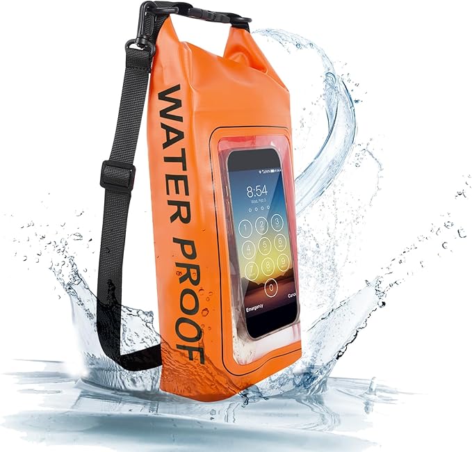 IP68 Waterproof Dry Bag, 2L - Roll Top Waterproof Pool Bag，Dry Bags for Kayaking Waterproof-w/Phone Pouch,Large Waterproof Phone Pouch,Boating & Kayak Accessories Camping (Orange 2L)